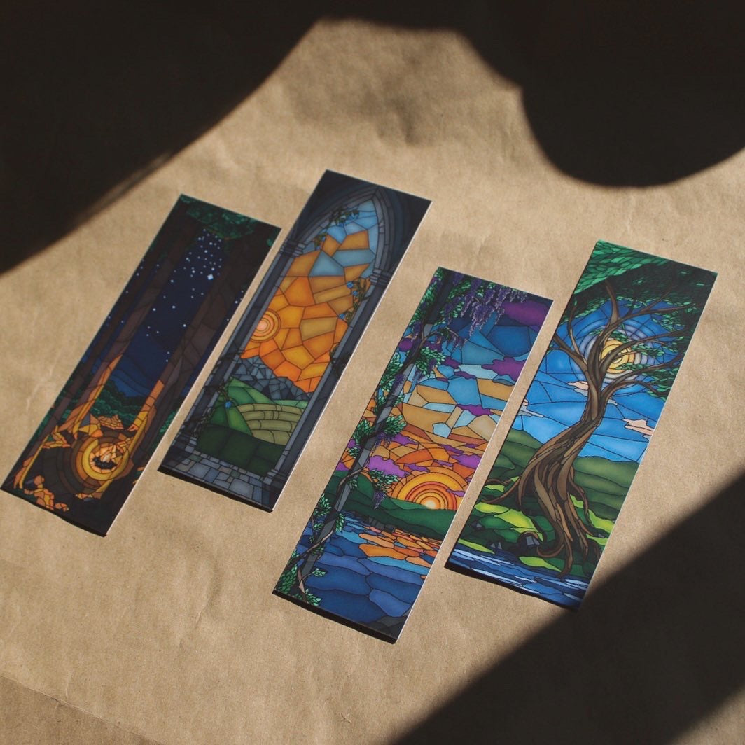 Dawn, Day, Dusk, and Night Stained Glass Style Bookmark Duo