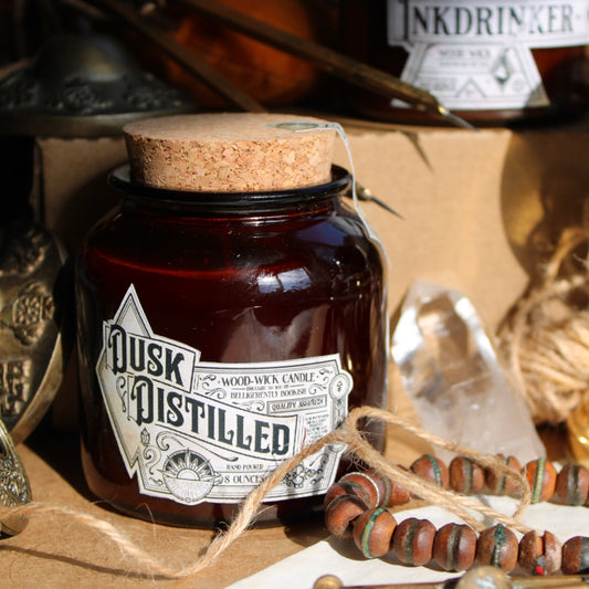 Dusk Distilled 8oz Soy wax wood-wick candle in amber jar