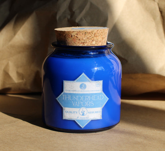 Thunderhead Vapors: 8oz wood-wick candle in blue jar