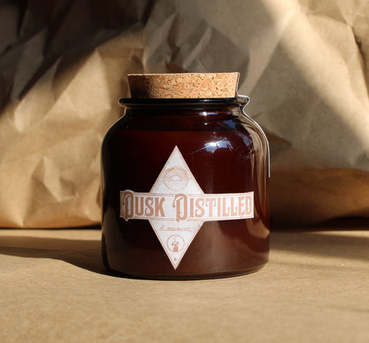 Dusk Distilled: 8oz wood-wick candle in amber jar