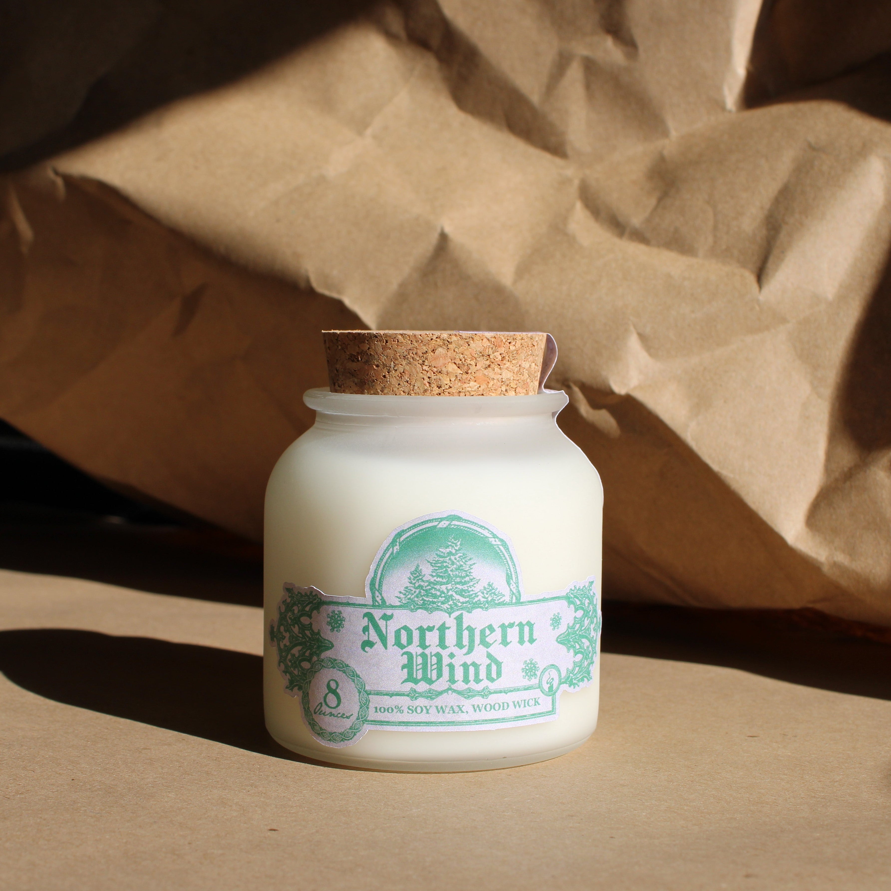 Northern Wind: 8oz wood-wick candle in frosted glass jar