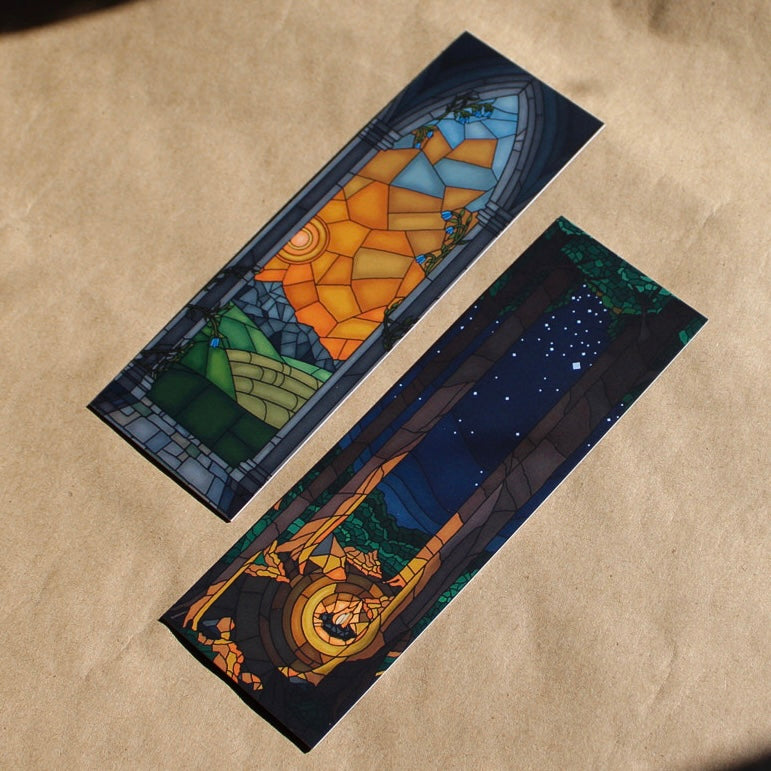 Dawn, Day, Dusk, and Night Stained Glass Style Bookmark Duo